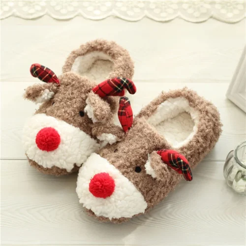 Christmas Reindeer-Decorated Shoes, Fluffy House Shoes
